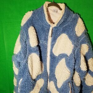 NEVERE EVERN Sherpa Fleece Zip Up Jacket Adult L/XL Cow Pattern Warm Softy Y2K